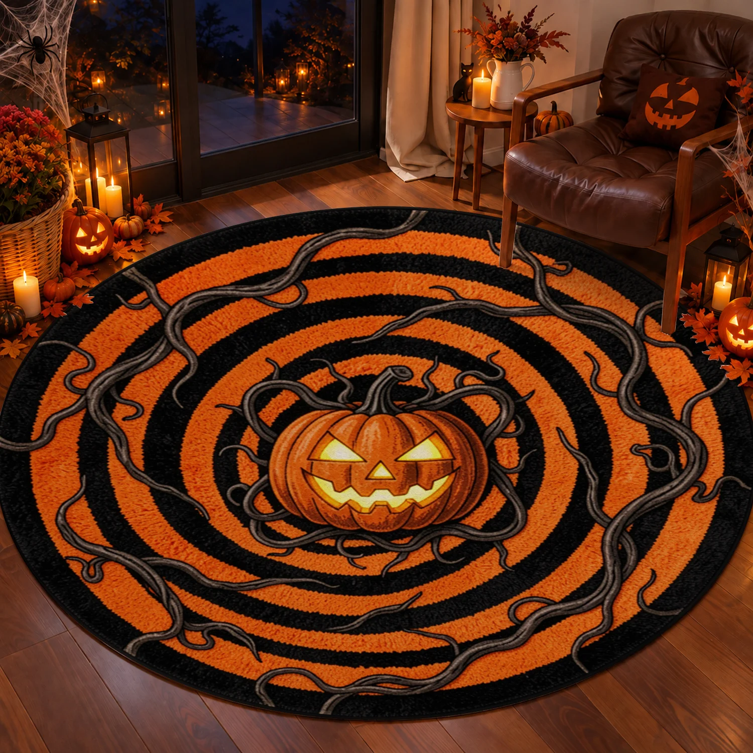 Jack O' Lantern Spiral Twisted Vine Design Round Velvet Rug Machine Washable for Living Room Bedroom Entryway Ideal for Halloween Thanksgiving Christmas New Year Black Friday Cyber Monday