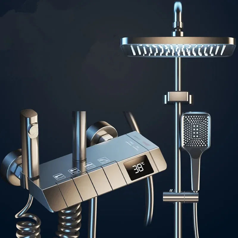 Grey Digital Shower Set Intelligent Brass Bathroom Faucets Hot Cold Waterfall Tap Rainfall Piano Design Shower System