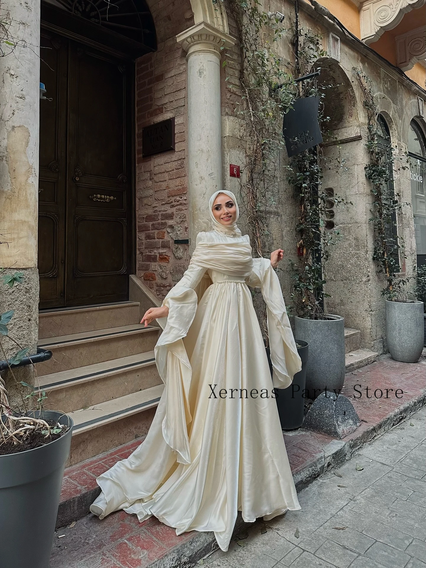 

Изысканные вечерние платья с жемчугом для мусульманок, свадебные, цвета слоновой кости, с высоким воротом, роскошные, для вечеринок, выпускных 2026