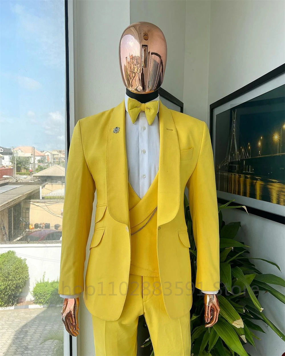 Fashion Male Suit Slim Fit Yellow Shawl Lapel Elegant Formal 3 Pieces Best Man Wedding Tuxedo (Blazer+Vest+Pants) Costume Homme