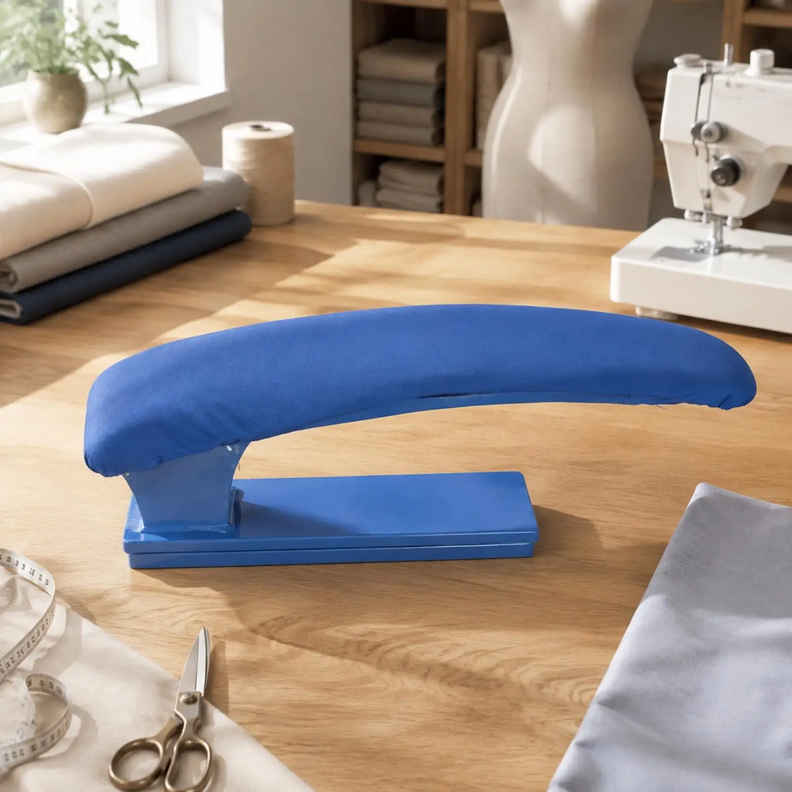 Curved Long Garment Ironing Bench with Blue Cotton Top for Sleeve Shoulder Trouser Pressing