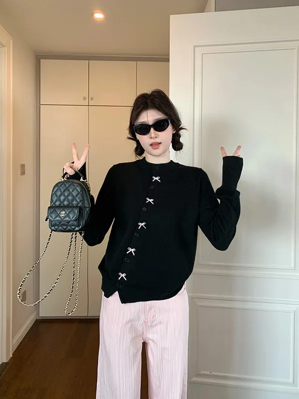 كارديجان نسائي شتوي محبوك بتصميم عقدة كورية، سترة أنيقة راقية للارتداء الداخلي