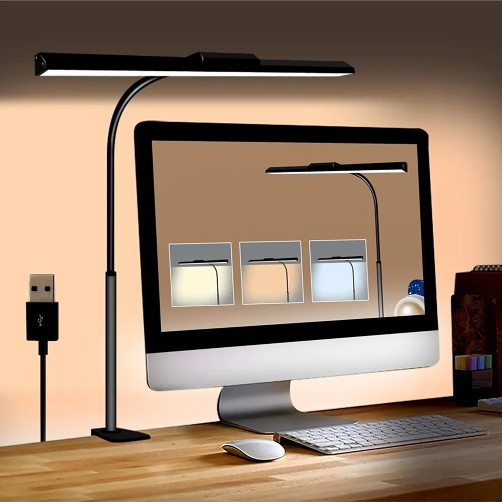 LED Desk Lamps Double Head Stepless Dimmable Led Computer Monitor Light USB Table Lamp for Office Study Reading Lighting Fixture