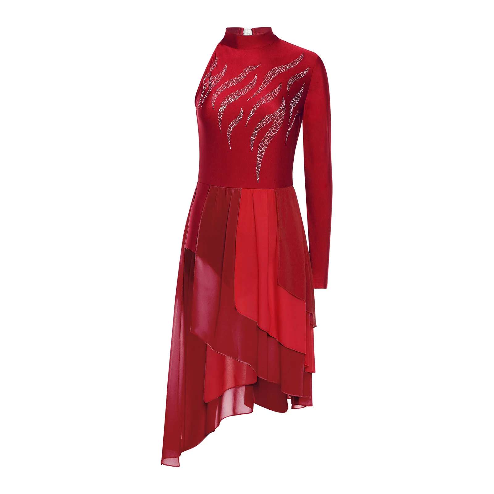 女性モダン叙情的バレエダンスドレスフィギュアスケートパフォーマンスコンテンポラリーダンスウェアワンショルダー光沢のあるラインストーンレオタード