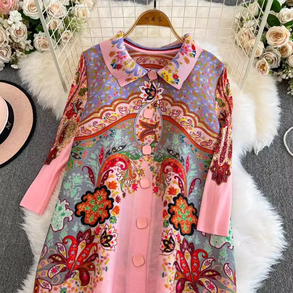 Miyake Pleated Elastic Autumn Flower Print Pink Shirt Dress Oversize Women Lapel Single Breasted Long Sleeve Floral Loose Dress