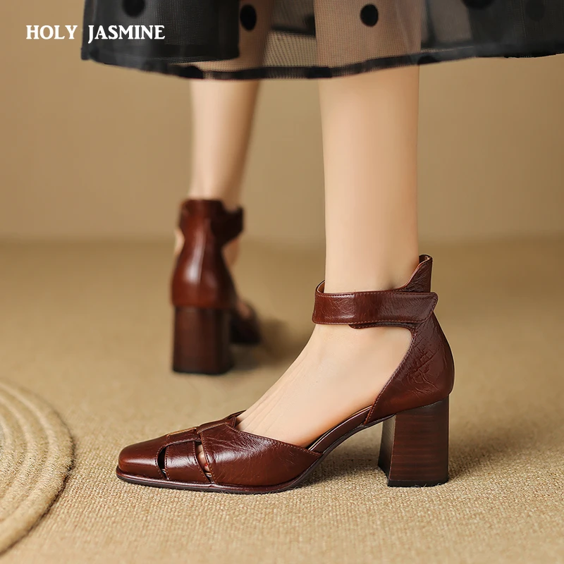 

2023 Summer Women Shoes Cover Toe Chunky Heel Women Sandals Genuine Leather Shoes for Women Sandals Retro High Heel Roman Shoes