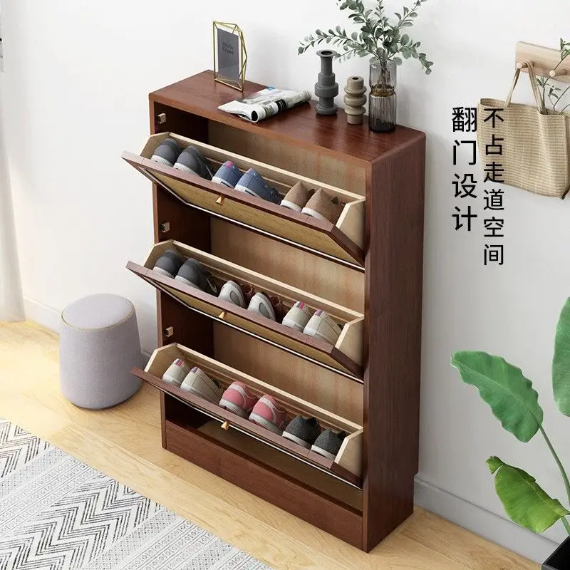 Solid wood rattan shoe cabinet floor ultra-thin tipping bucket shoe cabinet