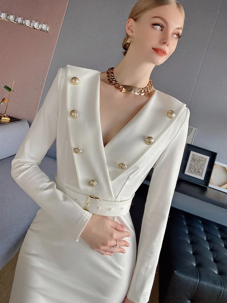 Dabuwawa Spring Autumn Dress Female Vintage Women V-Neck Long Sleeve Double Breasted Belt High Waist  Knit Dress 2023 DF1CDR042