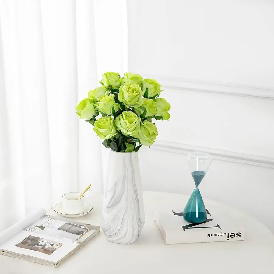 12PCS Artificial Silk Flowers Realistic Roses Bouquet Long Stem for Home Wedding Decoration Party (Green)