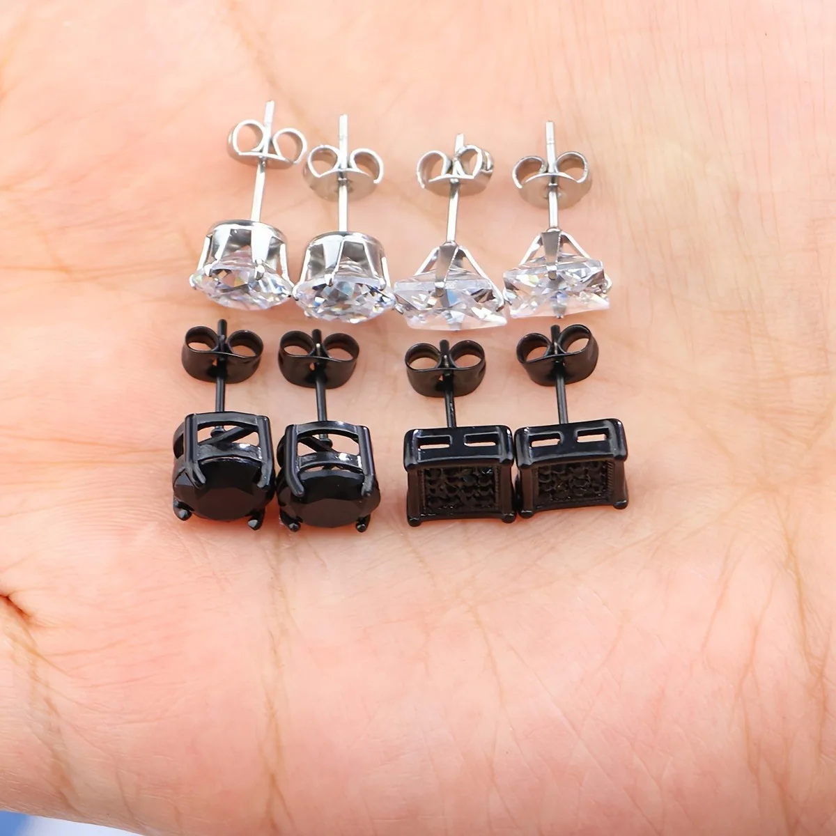 8 Pairs Stainless Steel Stud Earrings For Men, Square Cubic Zirconia Earrings