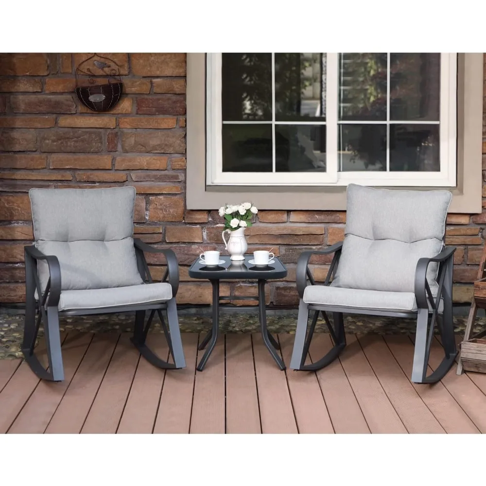 3 Piece Bistro Set Patio Rocking Chairs Outdoor Furniture w Warm Gray Cushions, Glass-Top Table for Garden, Pool, Backyard