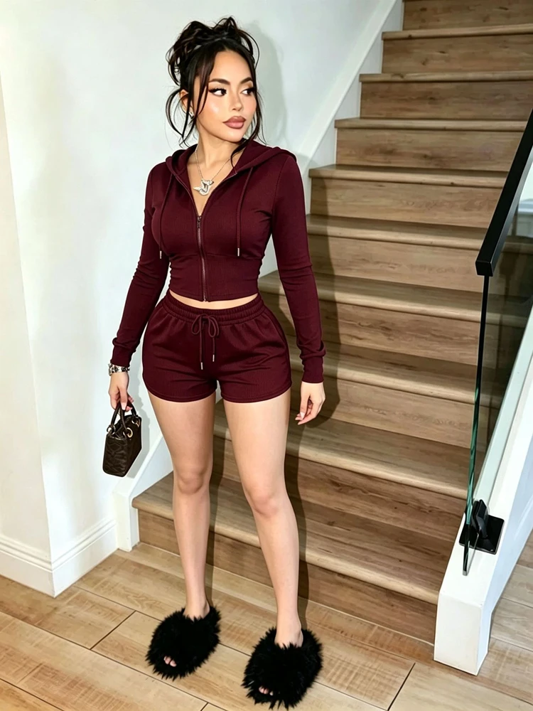 Herbst Damen Cropped Hoodie mit Reißverschluss, Shorts mit Kordelzug, Lounge-Set, lässige, gemütliche zweiteilige Schlafbekleidung, Streetwear-Outfit – Detail 5
