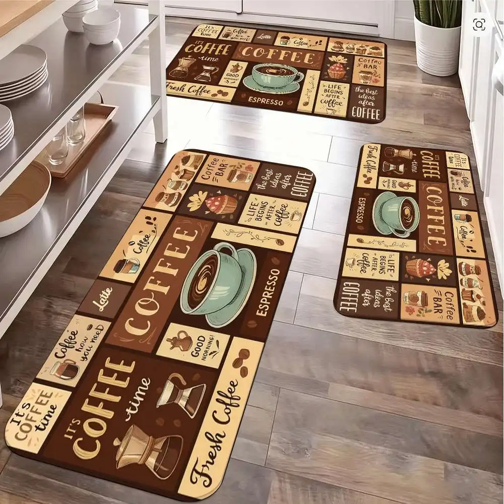 Vintage Coffee-themed Kitchen Mat Set Featuring Various Coffee Utensils Anti-slip Floor Mat Home Kitchen Decorative Floor Mat