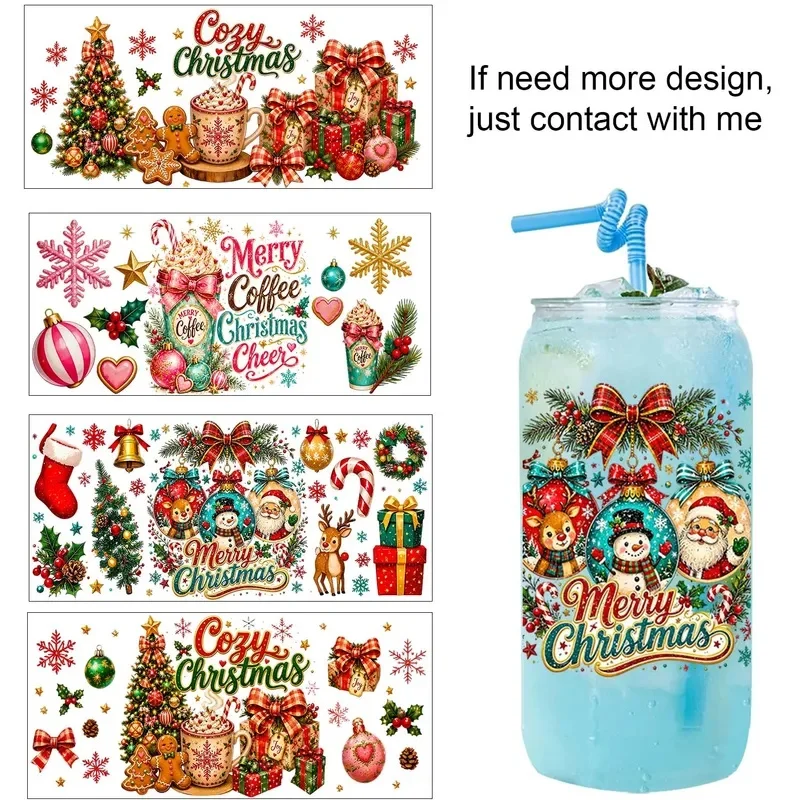 Holly Jolly Merry Christmas 16oz UV DTF Transfer Sticker Waterproof DIY Decals 3D Transfers UVDTF Sticker 16oz UV DTF Cup Wraps