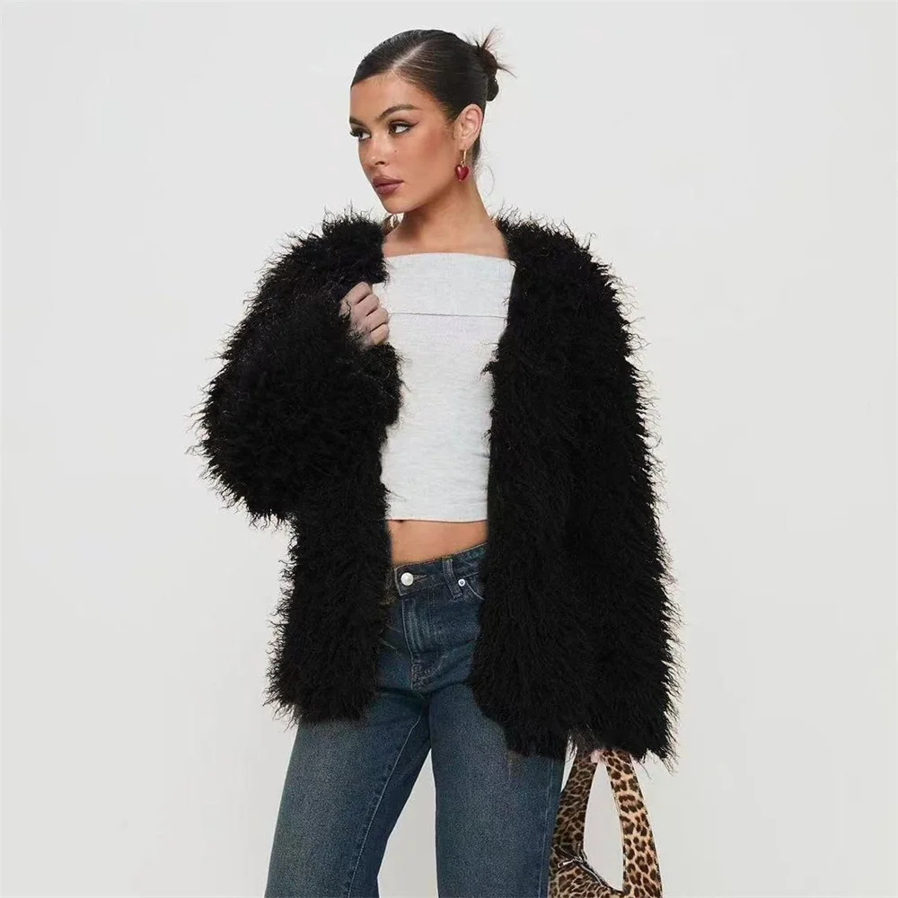 Abrigo de invierno de piel sintética para mujer, abrigo de lana de imitación gruesa de felpa, ropa informal con botones ocultos a la moda para mujer, abrigos de invierno para mujer