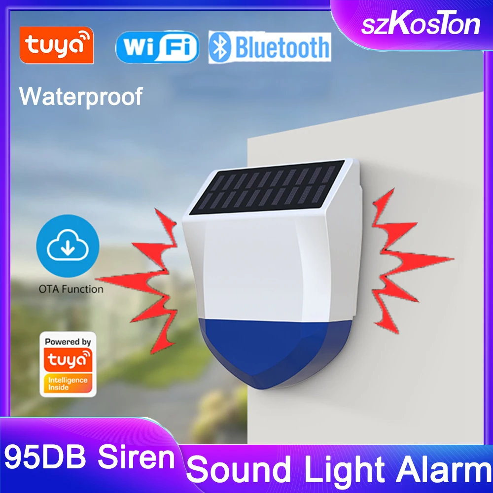 

Tuya Wifi Smart Sound Light Alarm Outdoor Solar Energy Alarm 95dB Siren Bluetooth IPX5 Waterproof Work with Smart Life