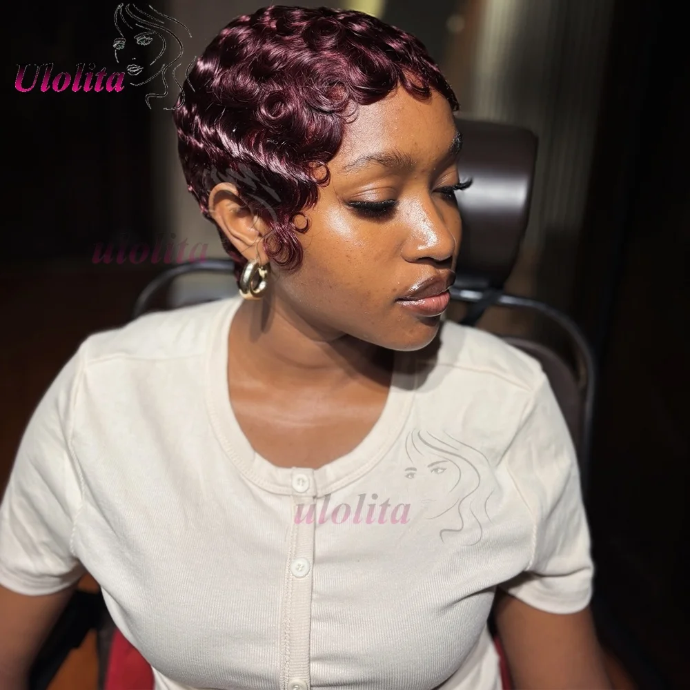 Premium Lockige Pixie-Cut 13x4 Lace Frontal Perücke aus Echthaar 99J 180% Dichte Kurze 6 Zoll geschichtete lockige Perücke ohne Klebstoff für Frauen – Detail 2