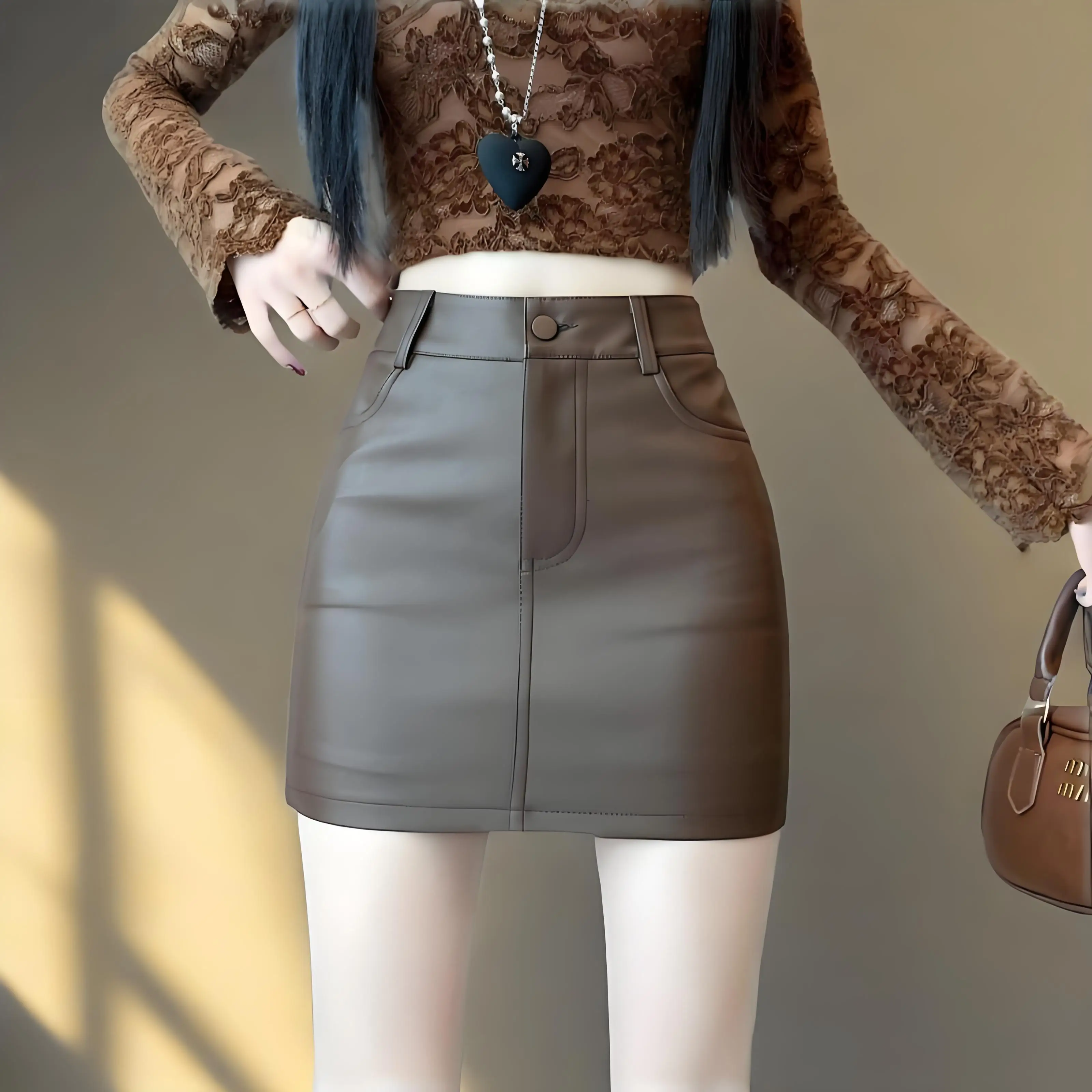 

Утягивающая женская короткая юбка-карандаш с высокой талией, осень 2023, новый стиль, универсальная верхняя одежда, черные мини-юбки из искусственной кожи