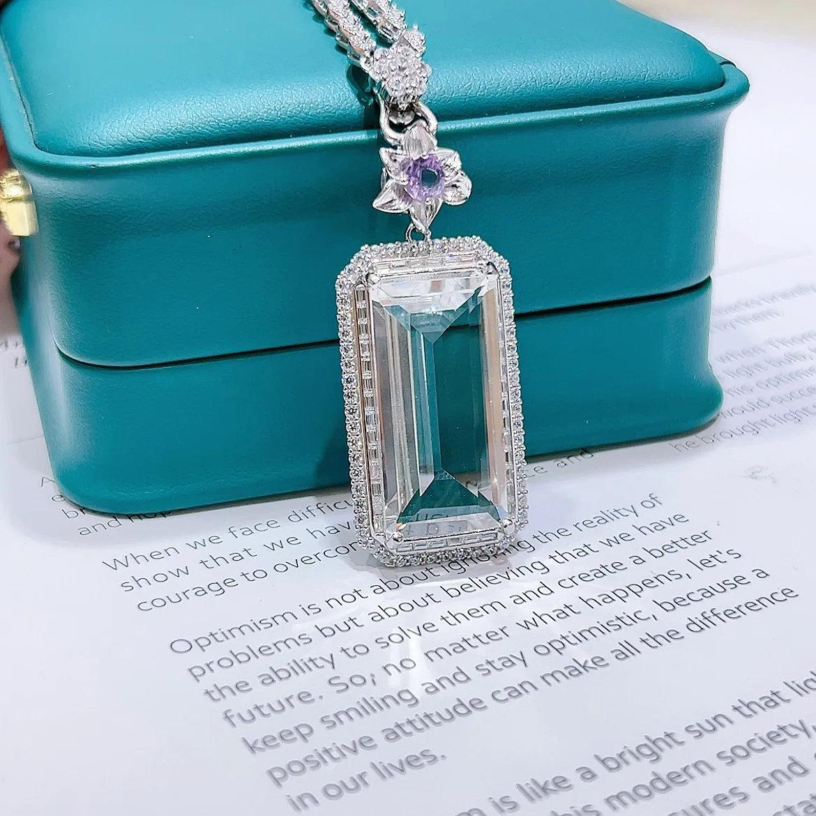 Natural Rectangle StepCut White Quartz Pendant,S925 Silver With Amethyst,15*32mm Main Stone Halo Zircon Pendant Without Chain