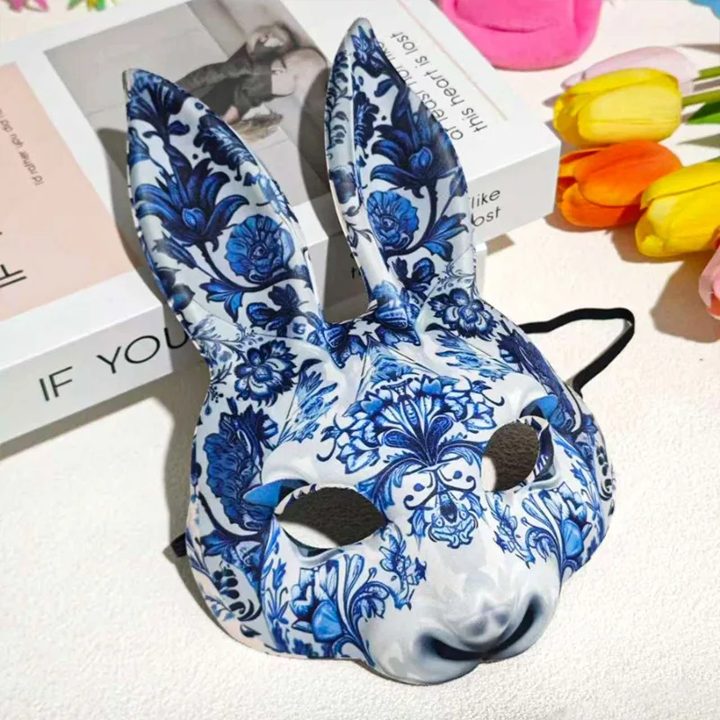Masque de lapin traditionnel de pâques en porcelaine bleue et blanche, accessoires de décoration de scène de maquillage