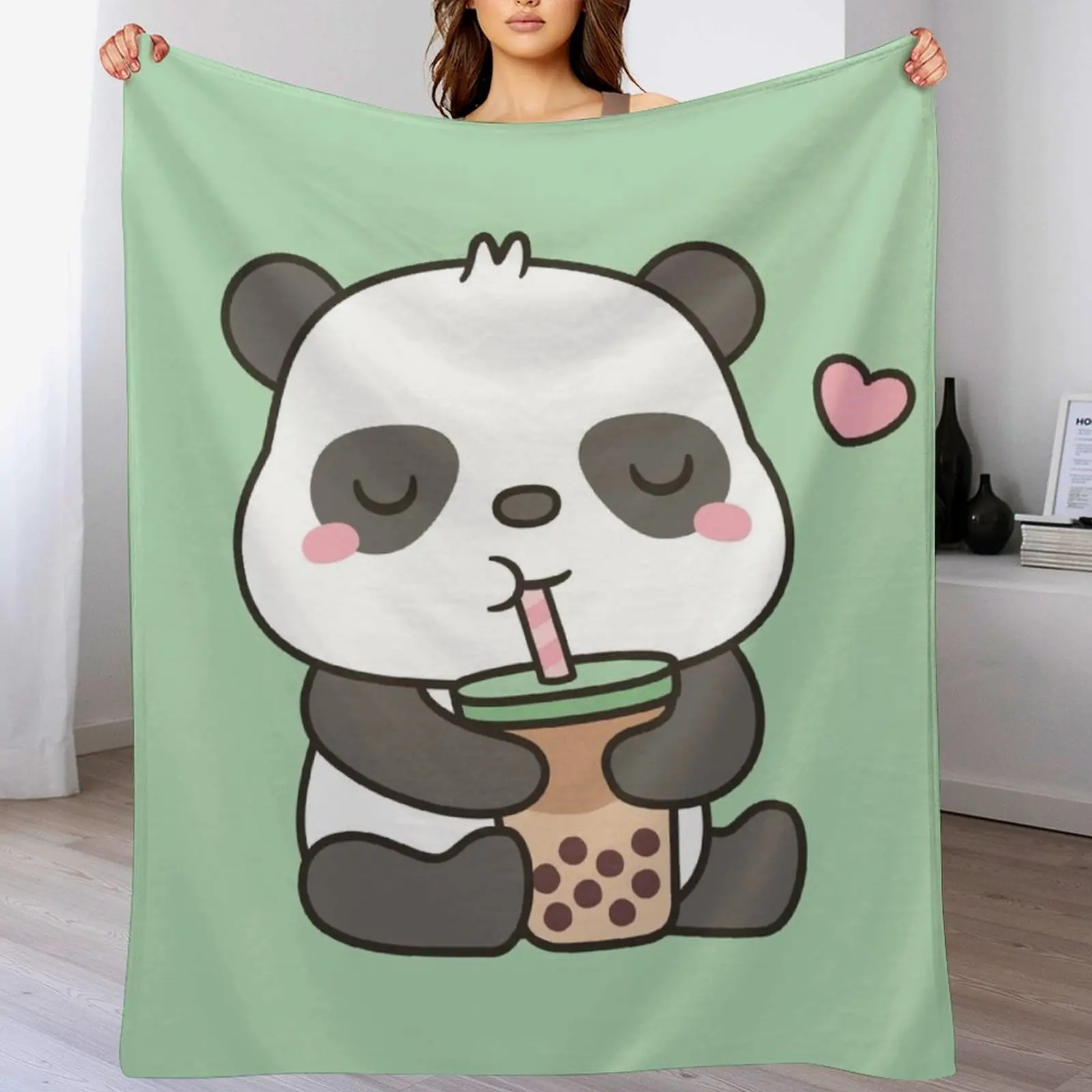 

Cute Little Panda Enjoying Boba Tea Throw Blanket for winter Flannel Fabric Soft Beds Kid'S Blankets