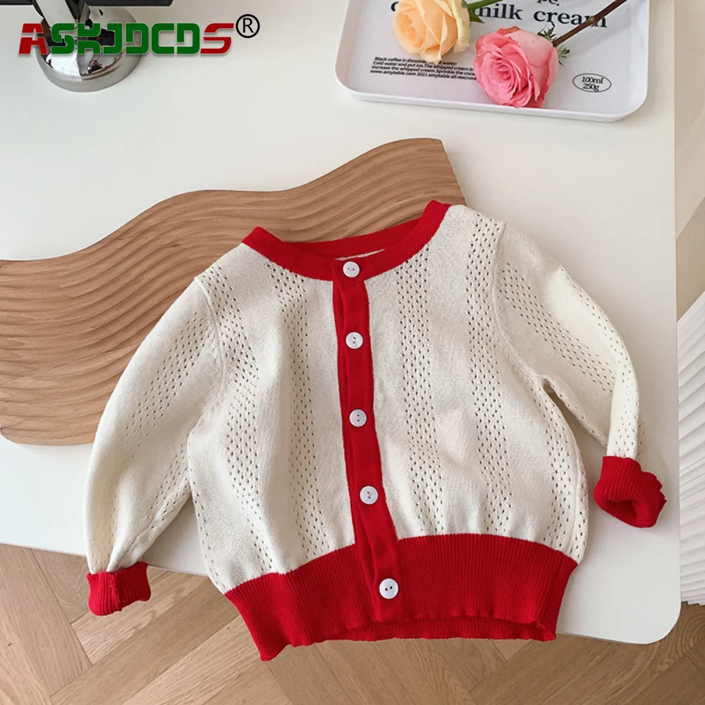 

Autumn/Spring Kids Baby Full Sleeve Hollow-out Thin Color Blocking Knitted Top - Single-breasted Coat, Children's Cute Sweater