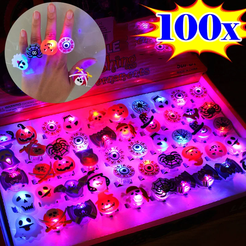 

100PCS Halloween Ring LED Flash Pumpkin Finger Lamp Christmas Ghost Skull Halloween Glow Ring Toy Children's Party Jewelry Gift