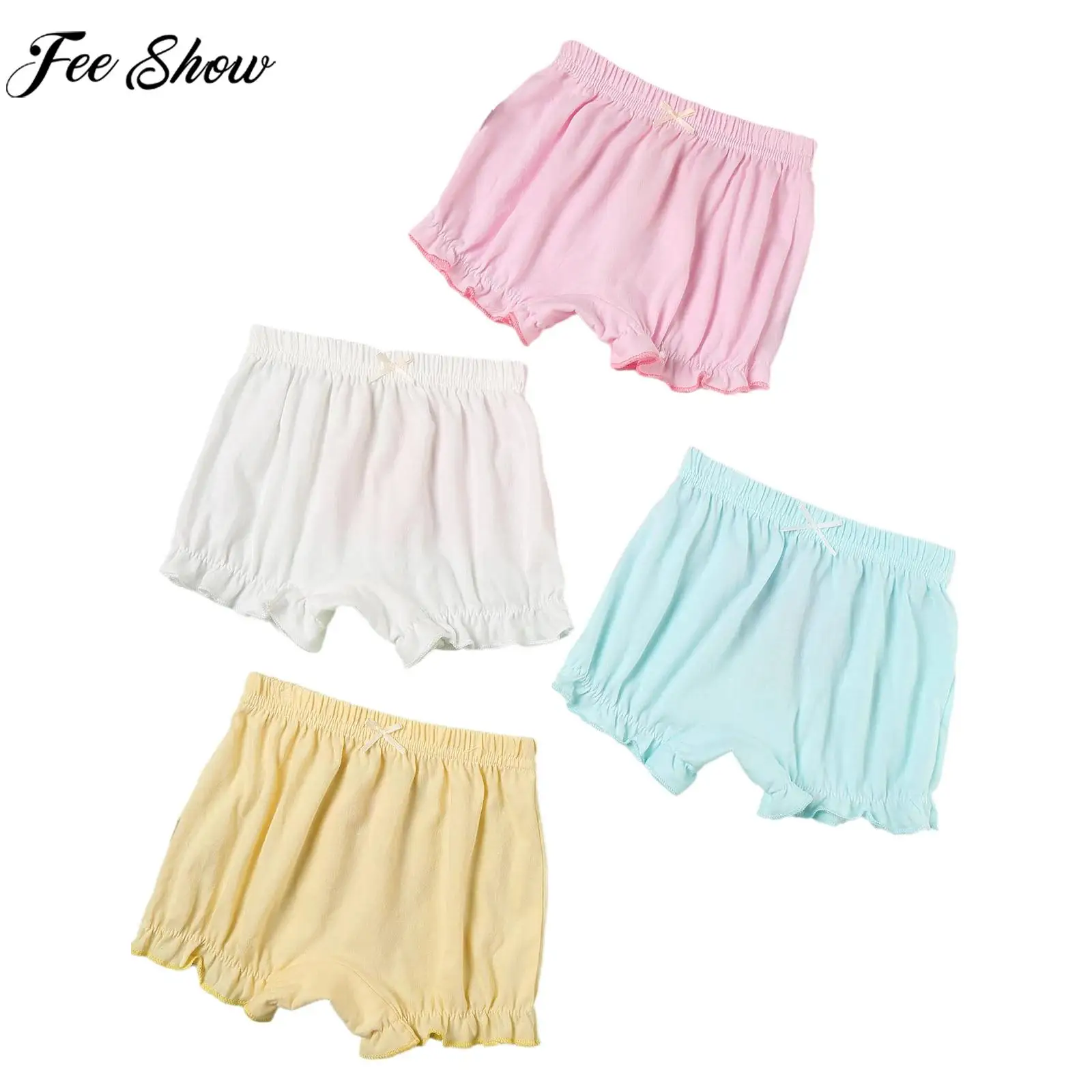 Baby Girls 4Pcs Set Shorts Sweet Cute Print Elastic Waist Ruffled Cotton Bloomers Diaper Covers for Casual Daily Home Wear
