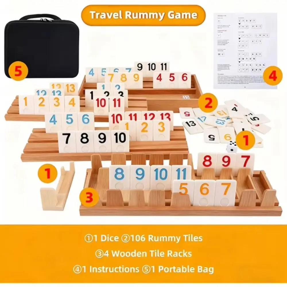 

106 шт., деревянный портативный чехол для классических игр Rummikub, 106 плиток, игра «Румми-куб», дорожный набор, игра в кости для нескольких игроков
