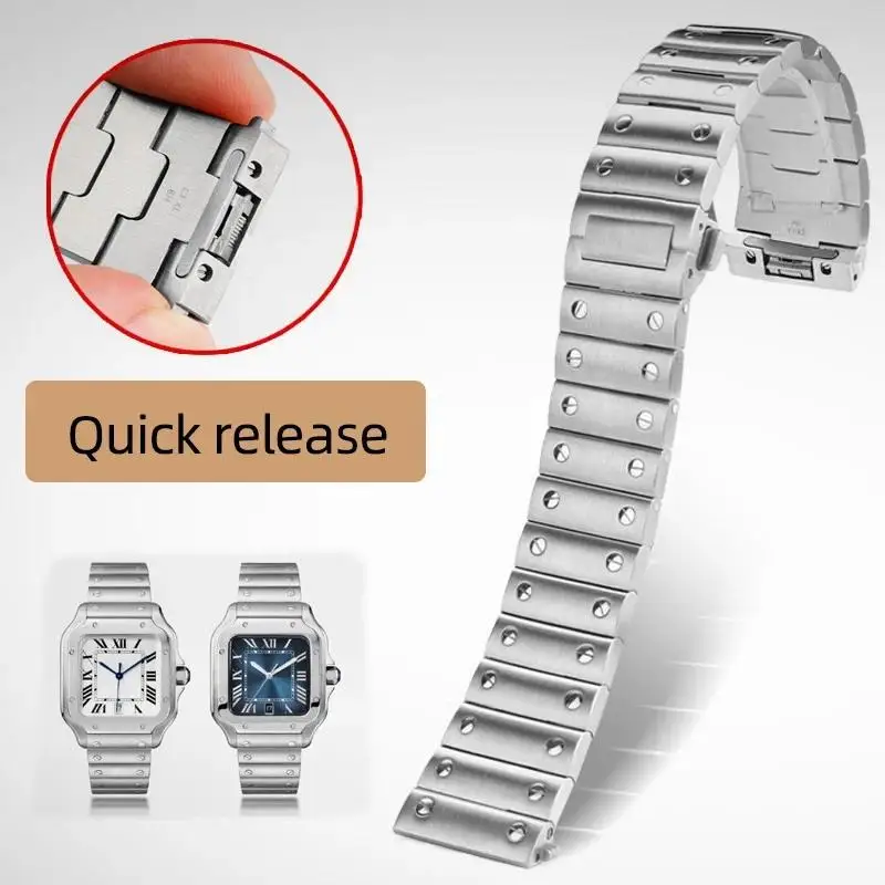 316L Solid Stainless Steel Strap Adapted，For Cartier Santos watchband Santos100 Santos butterfly buckle bracelet 21mm Men's