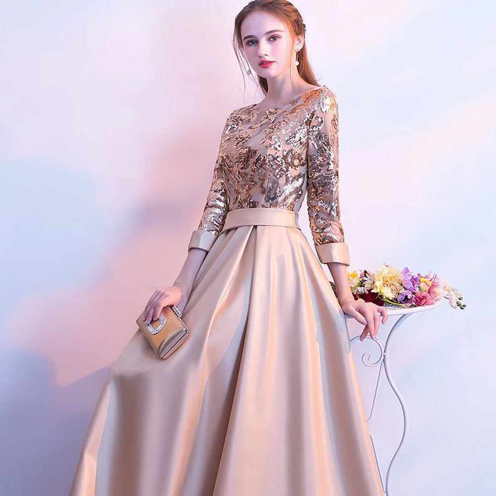 Long Sleeve Formal Sequined Prom Party Dresses Women Temperament O-neck Slim A-line Banquet Evening Gown Quinceanera Dress