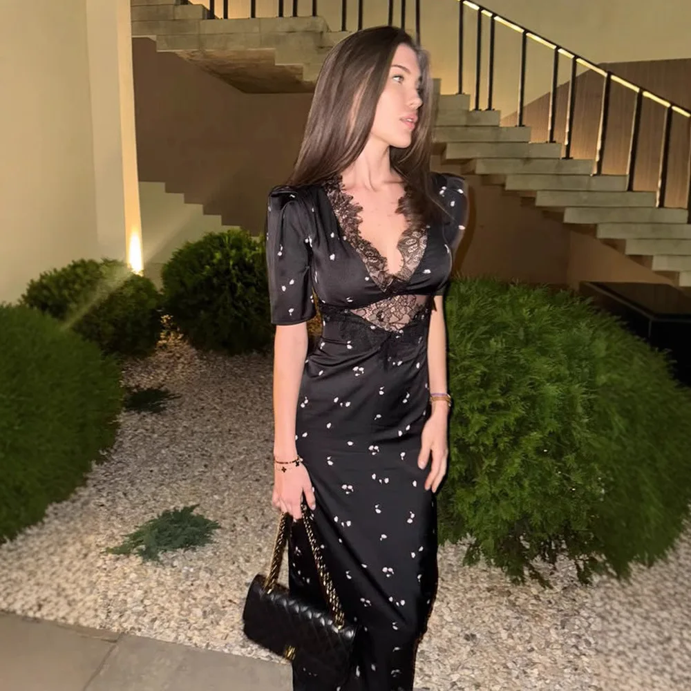 KIDCRKJ Lace Sexy Printed Maxi Dresses For Women Patchwork Fashion Streetwear Short Sleeves Slim Hollow Out Long Female Dress
