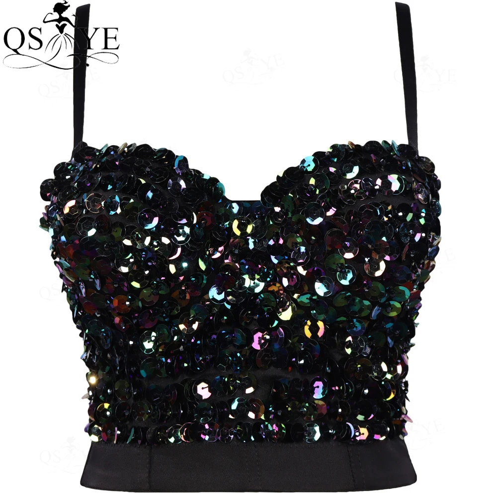 QSYYE-vestido de noche negro para mujer, Sexy, con cuentas de tubo dorado, Top corto con costuras de malla, escote corazón, para club nocturno, vestido de fiesta sin espalda