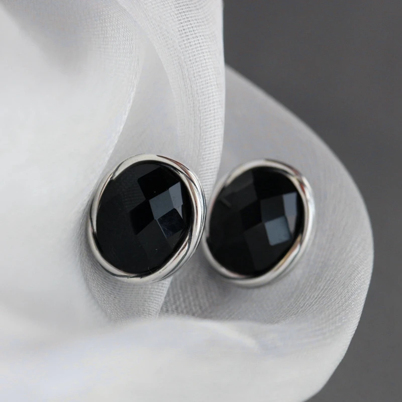 

Retro Style Charm 925 Sterling Silver Earrings Inlaid Black Agate Oval Earstuds Concise Trendy Lady Jewelry Gift