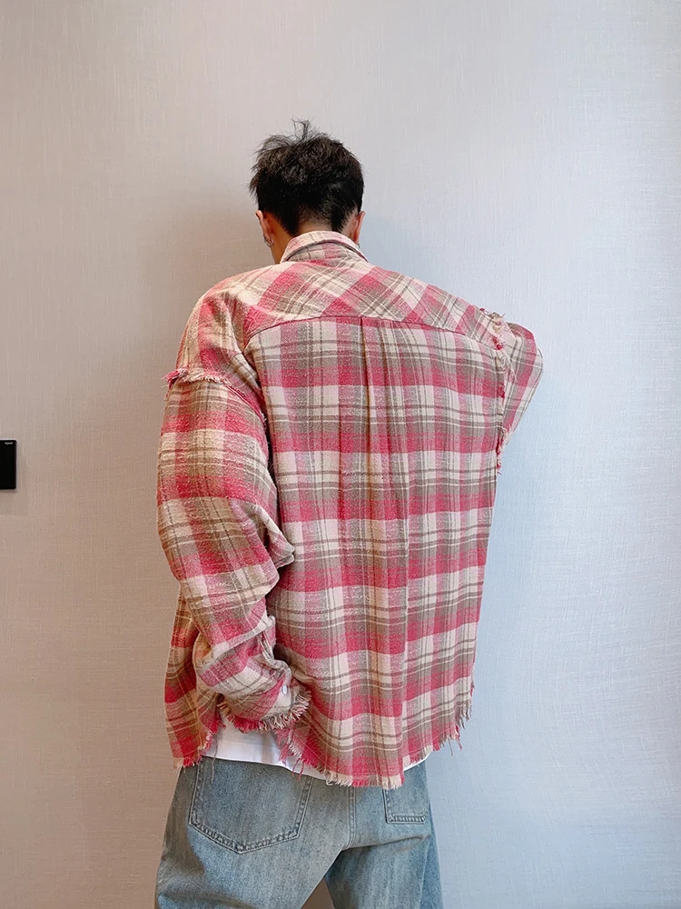 Plaid Shirts Men Autumn Chic Baggy Contrast Color Raw Edge Long Sleeve Japanese Style Handsome Youthful Popular Males Clothing