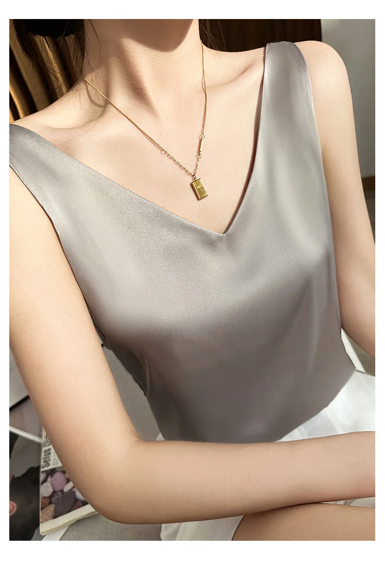 Seidensatin-Damen-Tanktop mit doppelter Schulterpartie, V-Ausschnitt, ärmelloses Top, T-Shirt, elegantes Crop-Top, solide, lässig, Basic, 2025, Sommer – Detail 29