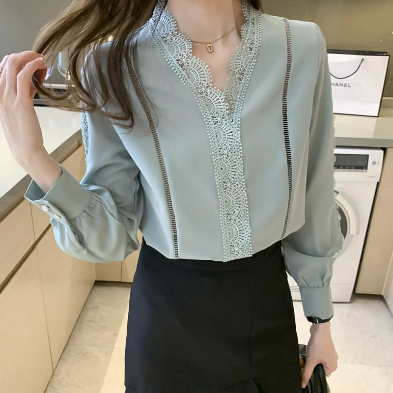 Women Clothing Lace Chiffon Shirt Spring Autumn New Loose Solid Long Sleeve V-neck Blouse Female Fashion Simple Top