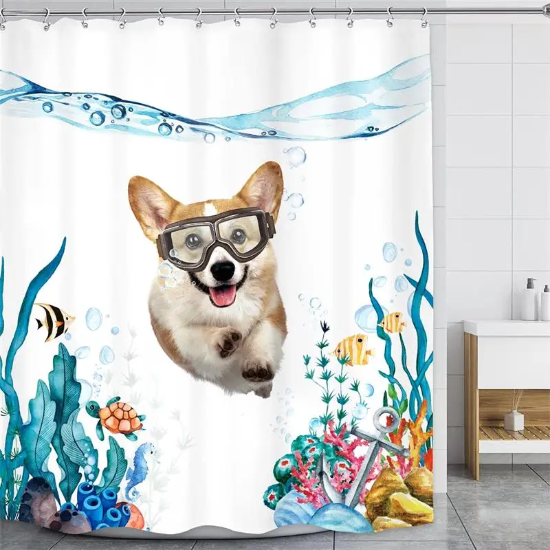 Funny Dog Shower Curtain Diving Dachshund Teal Blue Ocean Nautical Cute Fish Turtle Anchor Coral Kids Bathroom Curtains Decor