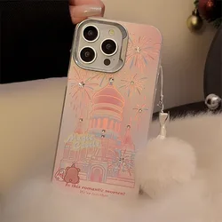 Romantic Fireworks Castle Phone Case with Lanyard for iPhone 16 15 14 11 13 12 Pro Max Plus Princess Fairytale Phone Case Cover