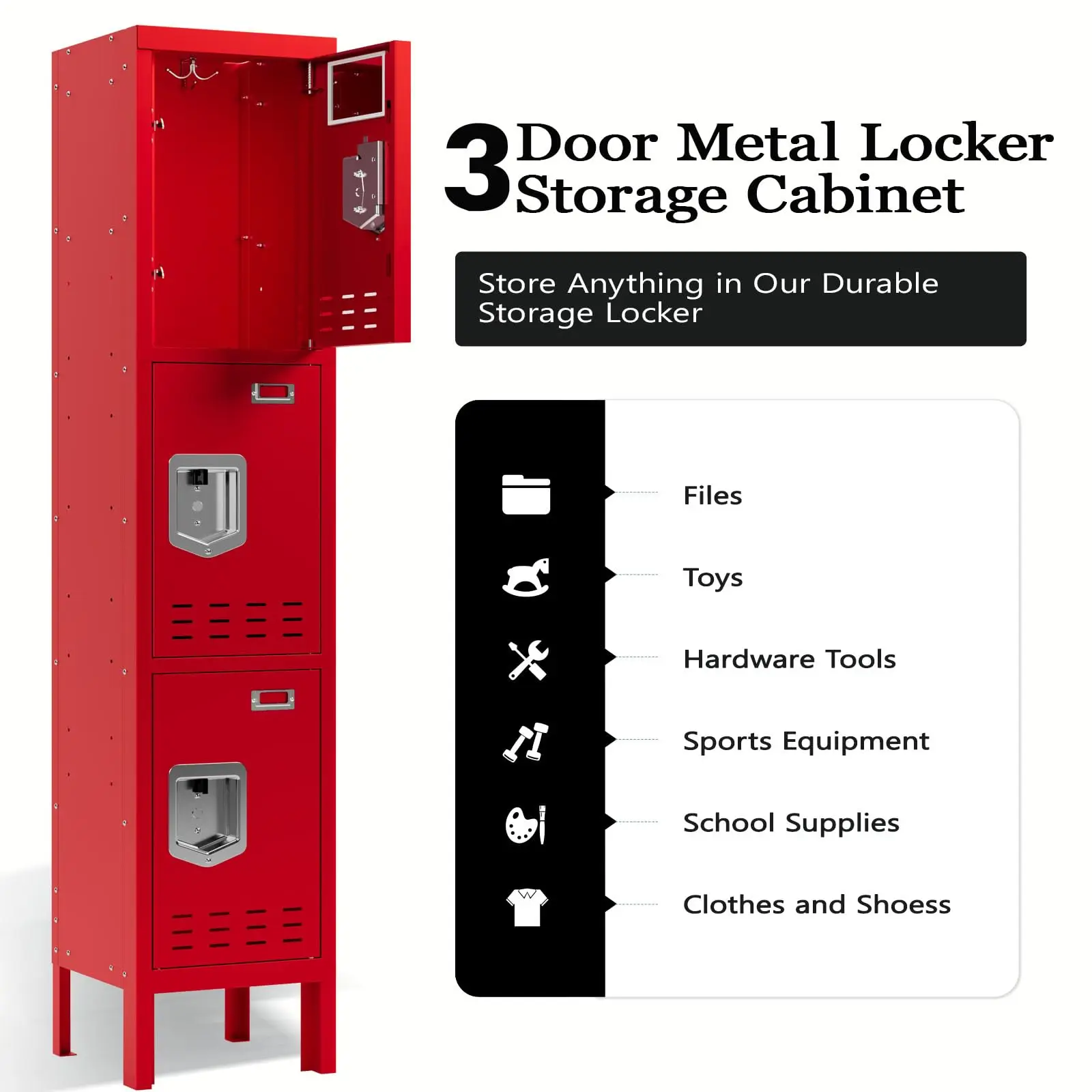 Metal Locker with 3 Doors Employees Locker, Metal Storage Locker with Hooks, 66" Storage Cabinet Lockers for Employees, Home, Of