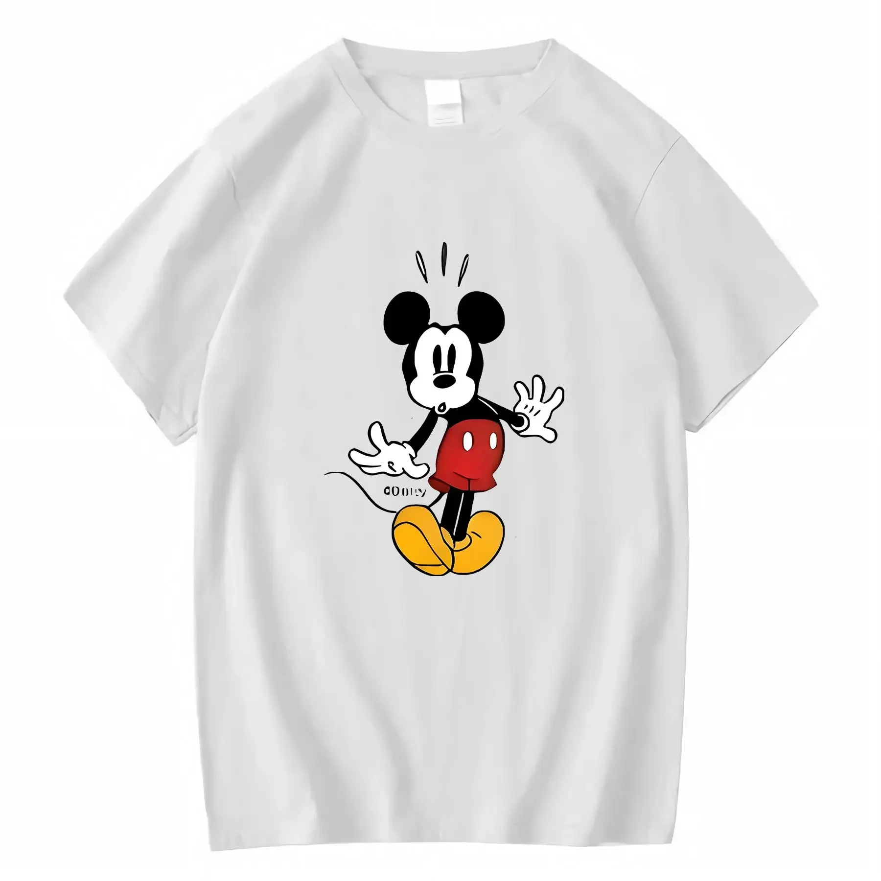 تي شيرت نسائي من القطن الأبيض مطبوع عليه ميكي ماوس وميني برقبة دائرية وقابل للغسل في الغسالة طوال الموسم مريح مناسب عتيق #1