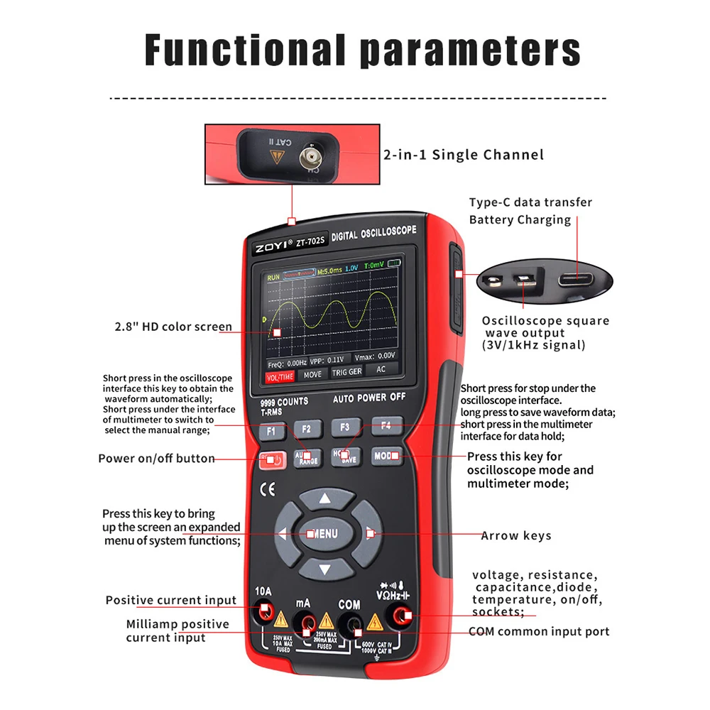 BSIDE ZT-702S Digital Oscilloscope Multimeter 9999 Counts 48MSa/s Sampling Rate 10Mhz Frequency Band 2.8inch LED Screen Display