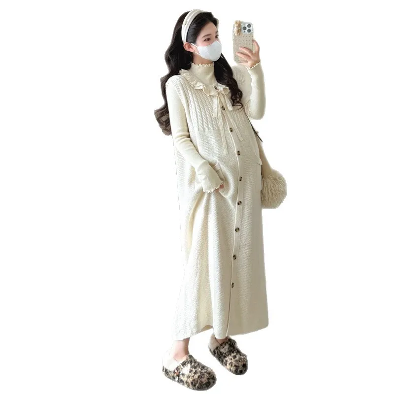 Maternità di fascia alta moda 2025 Autunno stile coreano cravatta in pizzo con bottoni maglione gilet abito e top base a maniche lunghe