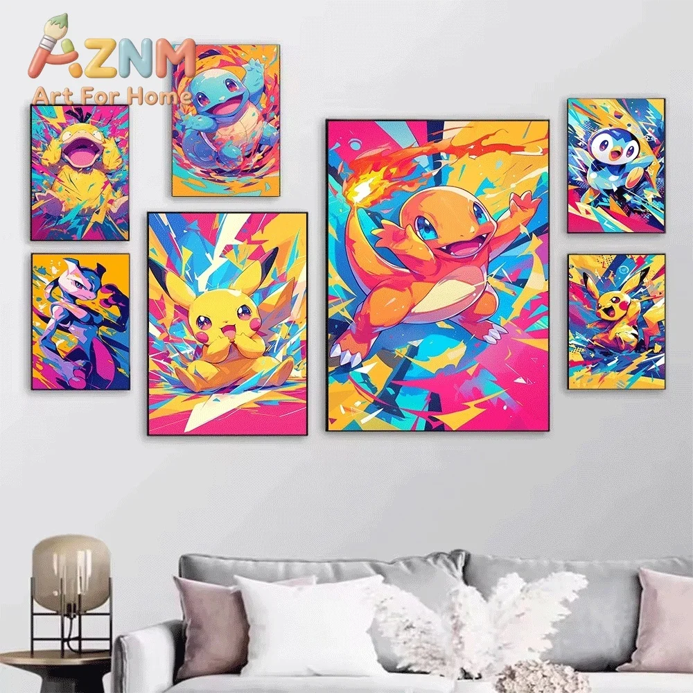Pokemon Anime Canvas Wall Art No Frame Pop Art Burst Style Pikachu Bulbasaur Squirtle Print Poster for Bedroom Living Room Hom