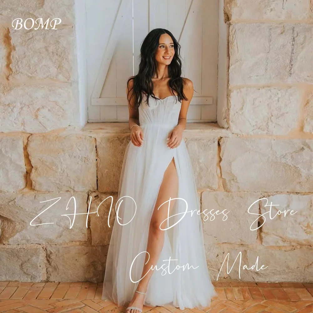 

ZHIO Princess Wedding Dress Strapless A-Line Floor Length Side Slit White Tulle Bridal Gown Customized Simple Robe De Mariée