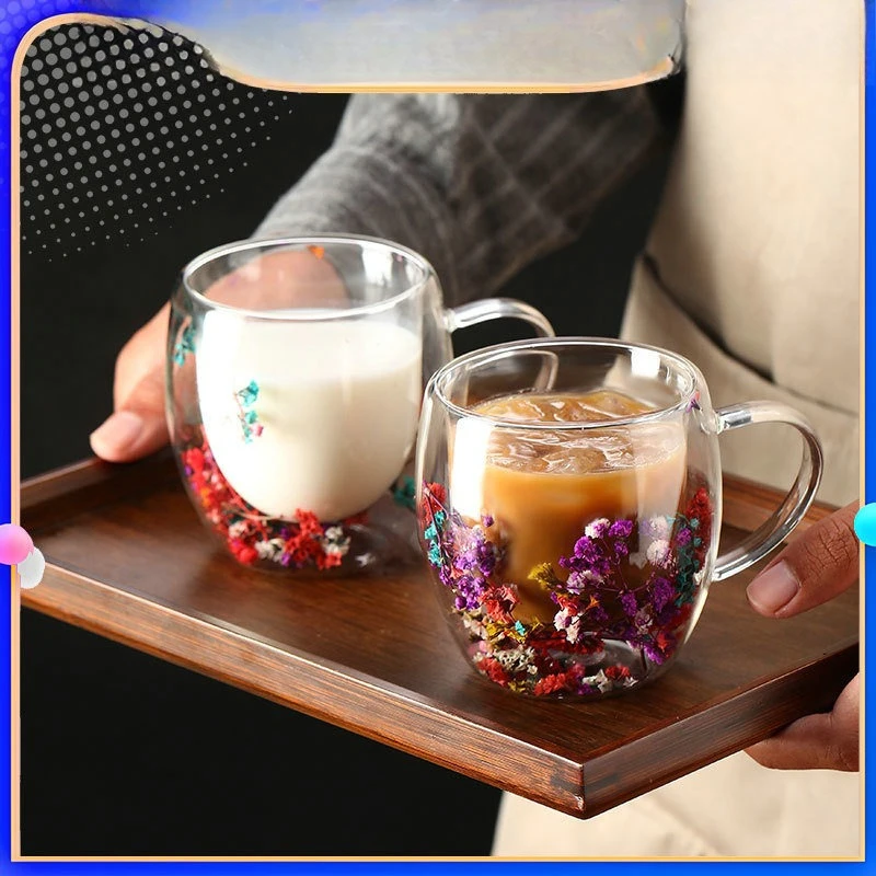Blumen-Kaffeetasse aus doppelt isoliertem Glas mit hohem Borosilikatgehalt