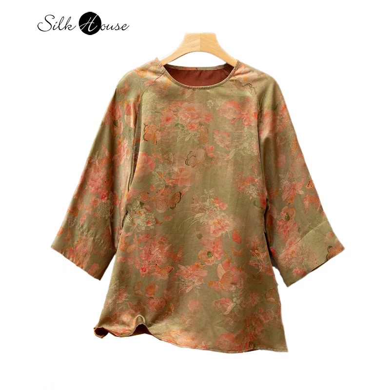 

2025 Women's Autumn New 100% Natural Mulberry Silk Fragrant Cloud Yarn Round Collar Versatile Retro Batwing Sleeve T-shirt
