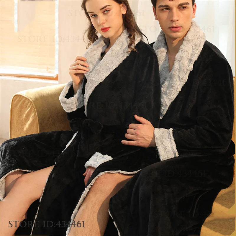 Fashion Flannel Couple Long Robe Sleepwear Thicken Warm Woman Night Clothes Loungewear Winter New Coral Fleece Homewear Bathrobe
