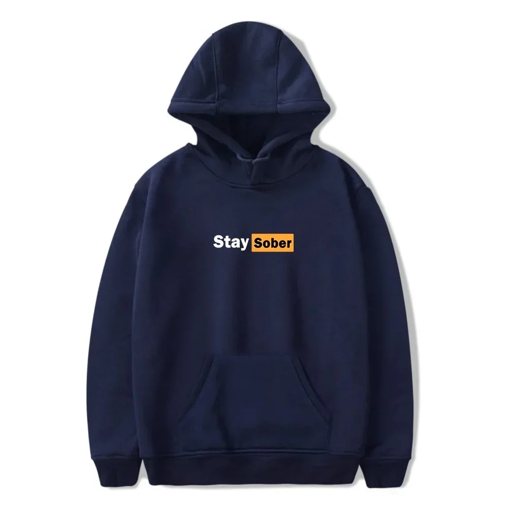Stay Sober Minimal Hoodie, Unisex Drawstring Hooded Sweatshirt Simple Box Logo Front Print Clean Streetwear Pullover