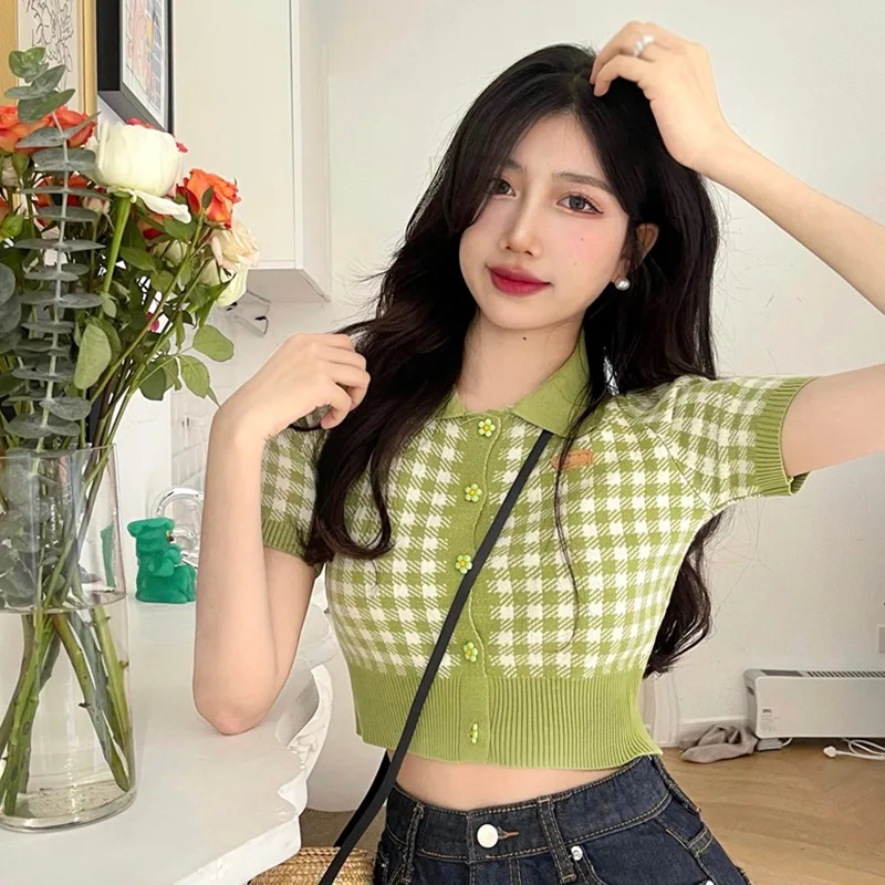 Cardigan a maniche corte lavorato a maglia monopetto bavero dolce e piccante Crop Top Hot Girl Streetwear All-Match primavera estate